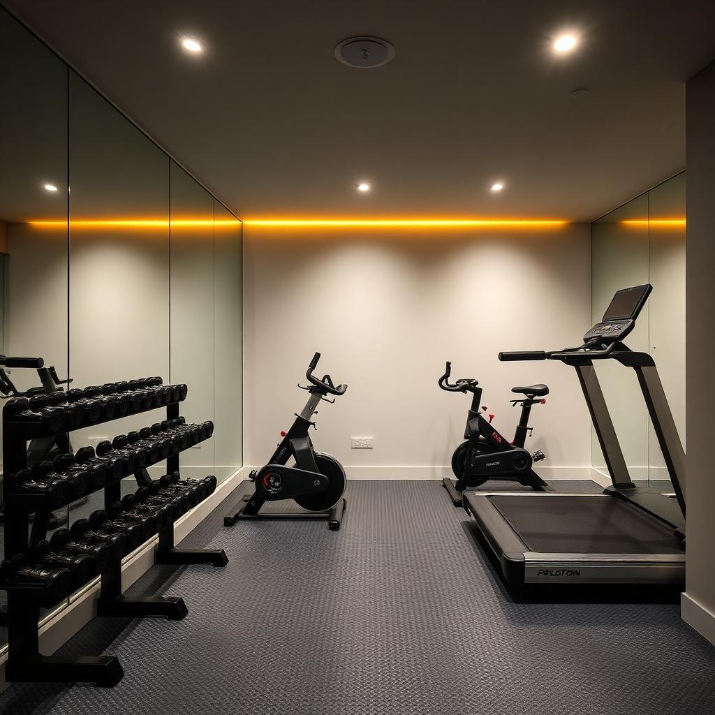 Home gym with mirrored walls, dumbbell rack, Peloton and treadmill — Full Basement Conversion & Cinema, Notting Hill W11