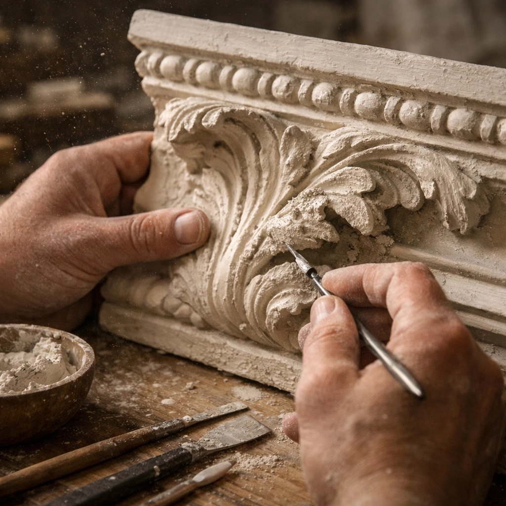 Craftsman restoring ornate Victorian plaster cornice on period property in Belgravia