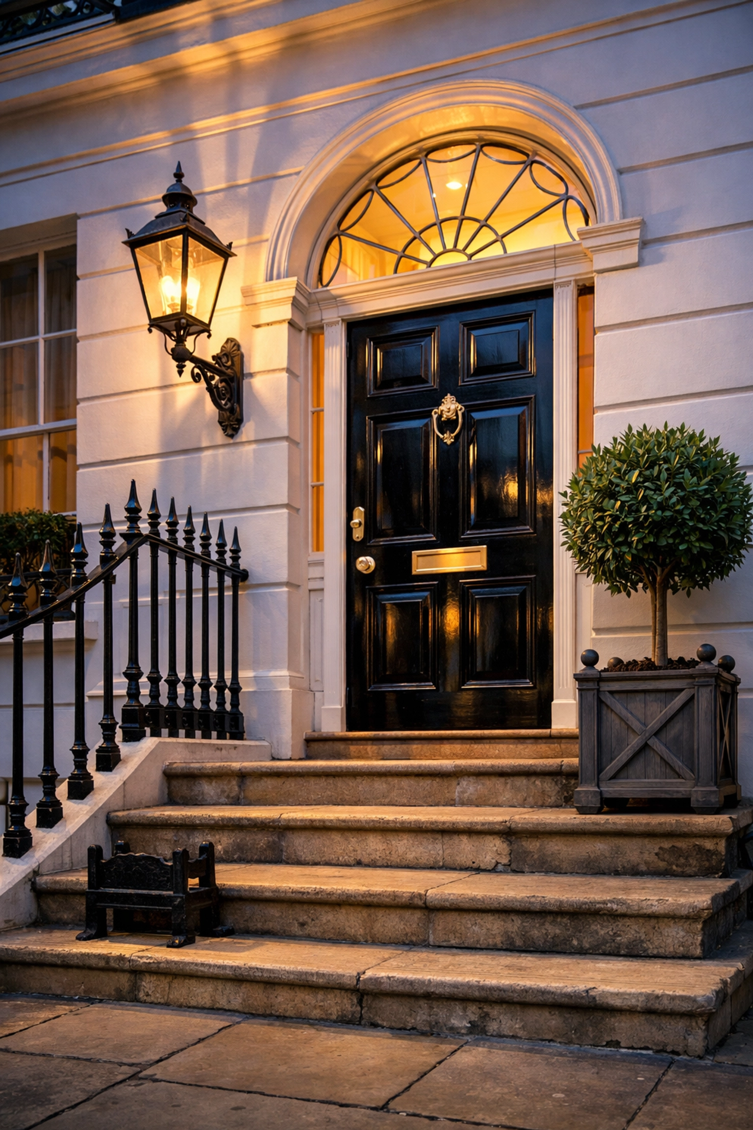 Restored Belgravia townhouse entrance with York stone steps and polished brass door