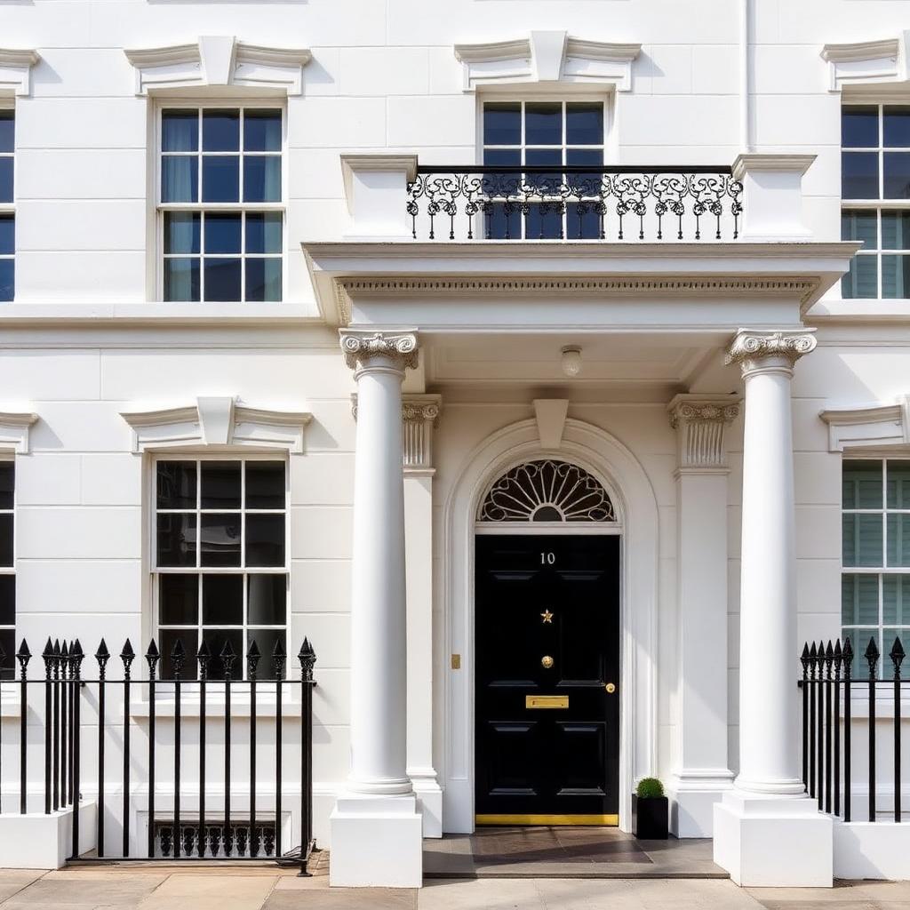 Restored Grade II* listed stucco townhouse façade with columned portico — Belgravia Townhouse Heritage Restoration, Belgravia SW1X