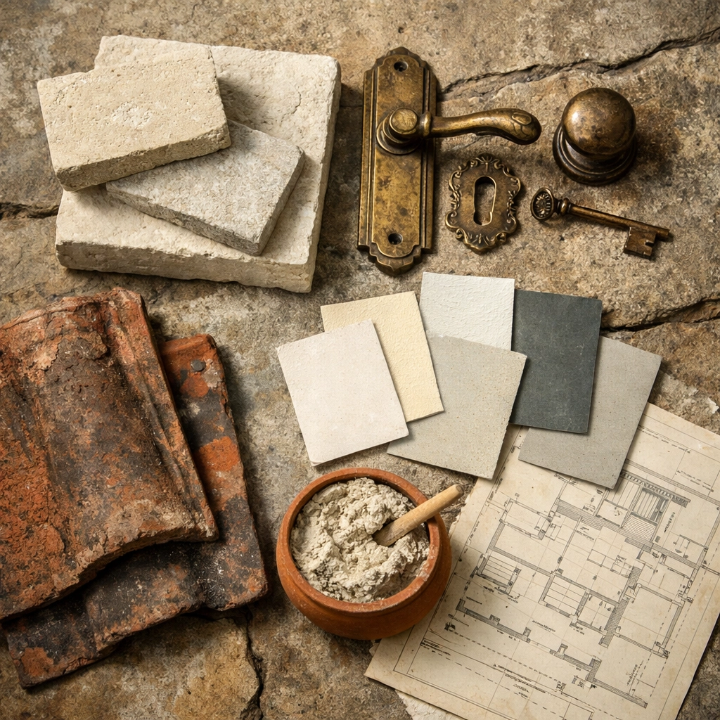 Heritage restoration materials including York stone, brass hardware, and lime mortar