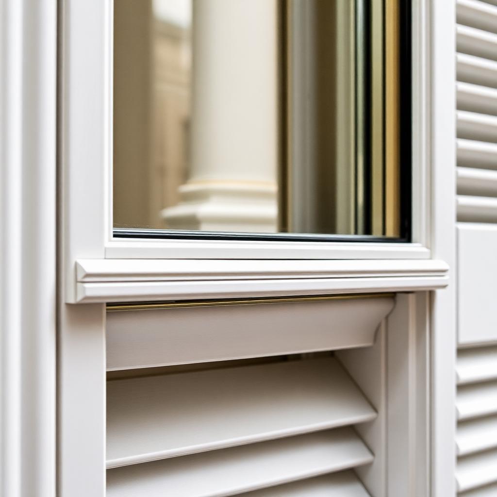 Close-up of slim secondary glazing frame with brass fittings inside a shutter reveal — Secondary Glazing, Belgravia SW1W