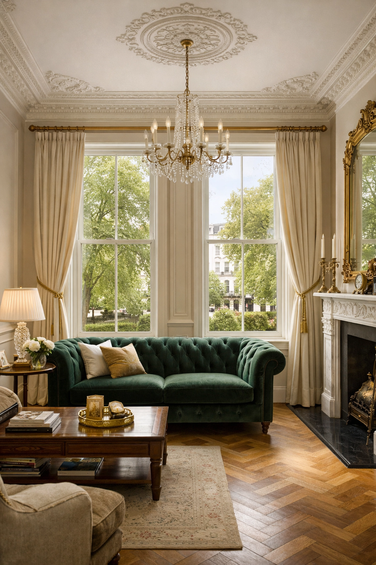 Belgravia drawing room with discreet secondary glazing on original sash windows