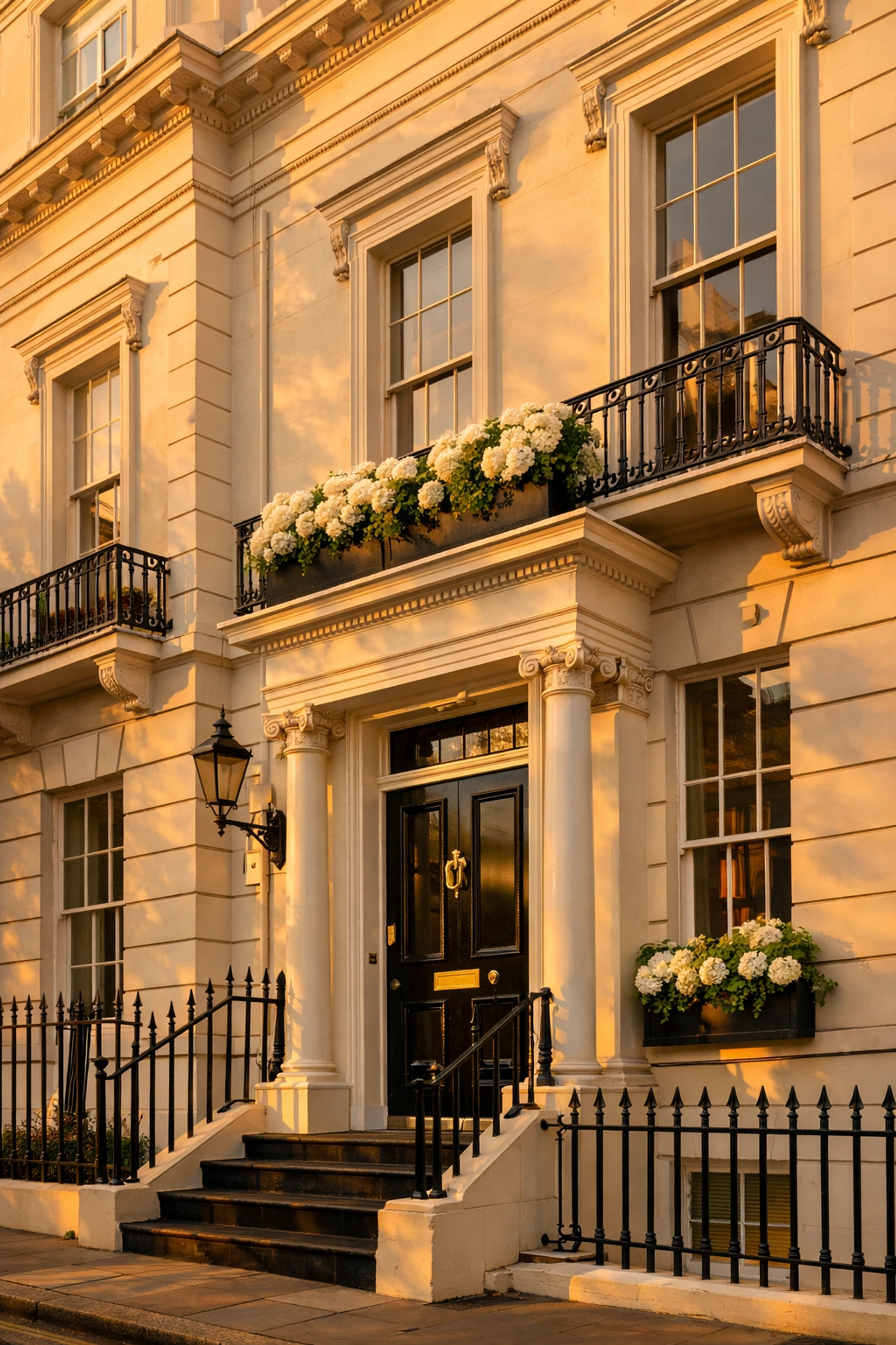 White stucco Belgravia townhouse with Georgian sash windows and black iron railings