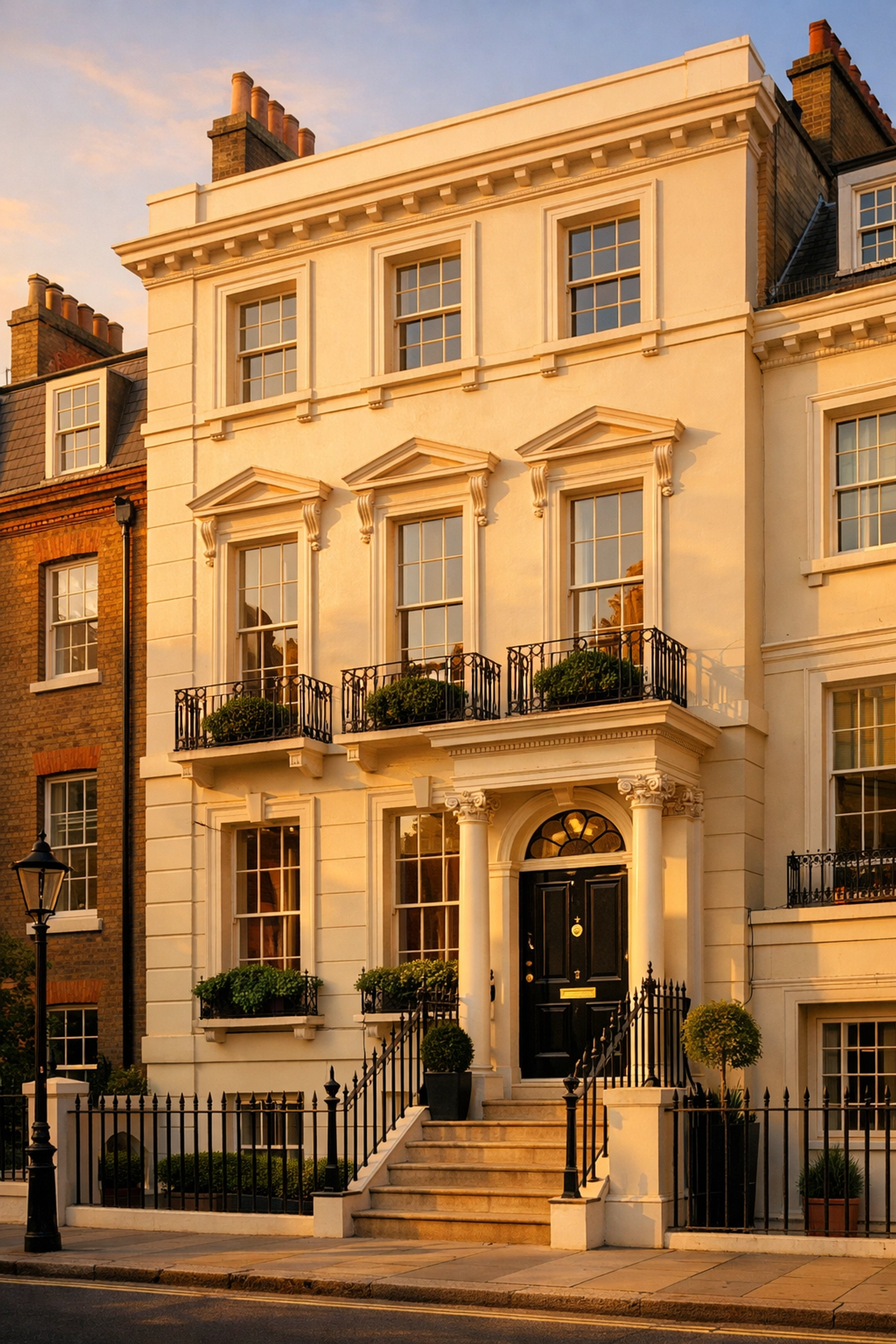Georgian townhouse facade in Chelsea Conservation Area with original sash windows and period features