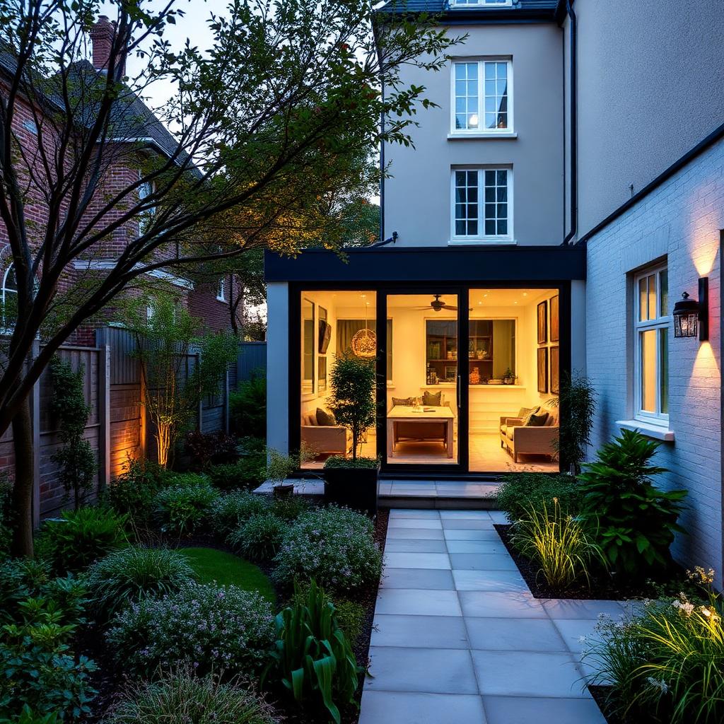 Landscaped rear garden looking back toward the glass box extension at dusk — Contemporary Glass Box Extension, Chelsea SW10