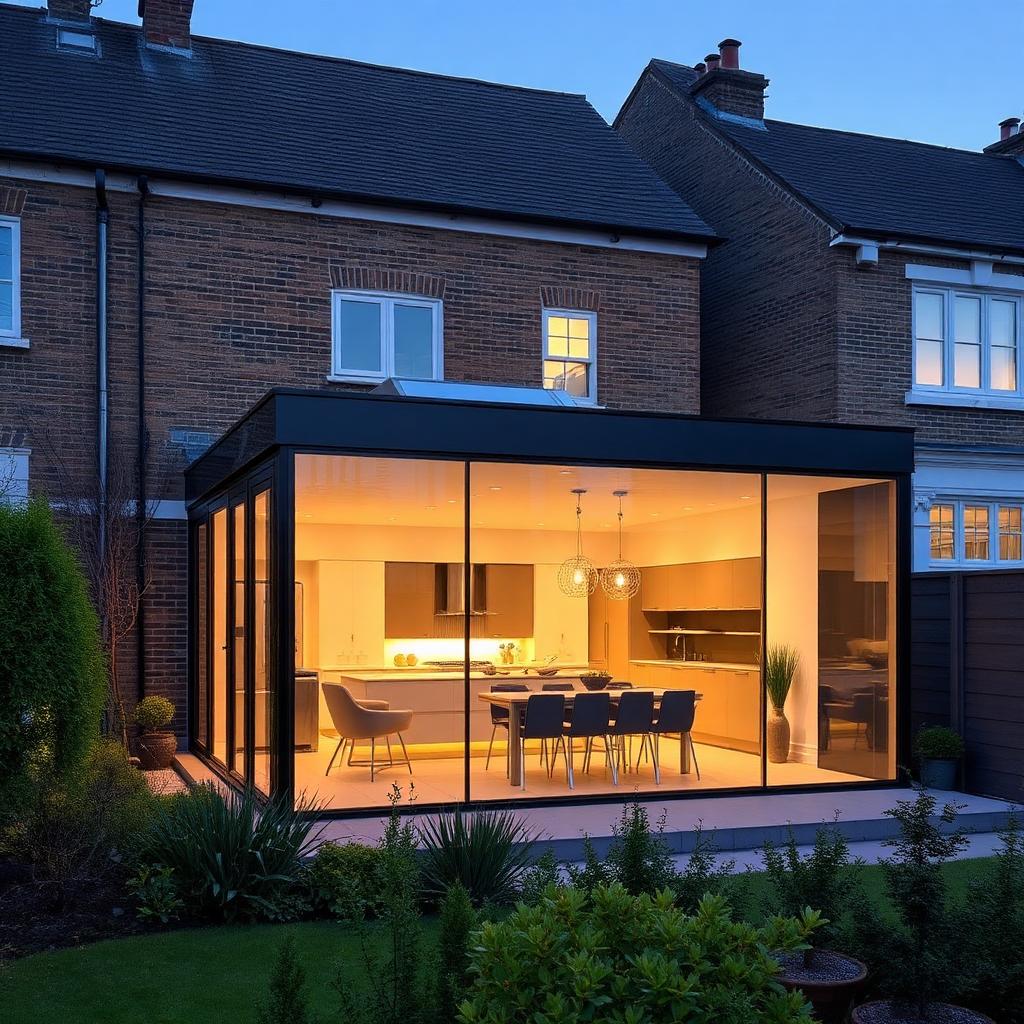 Frameless structural glass box rear extension on a Grade II listed terrace at dusk — Contemporary Glass Box Extension, Chelsea SW10