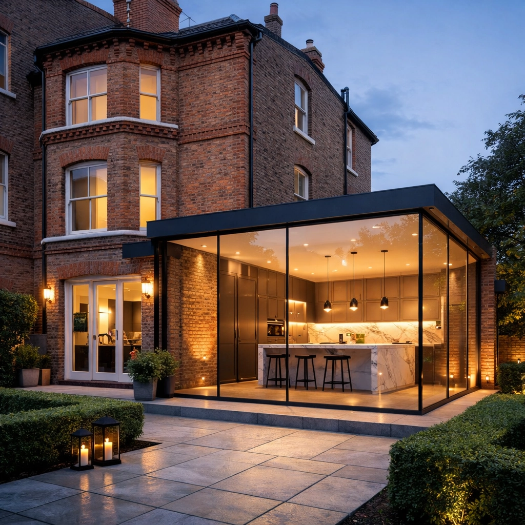 Modern glass extension on Victorian brick townhouse in Chelsea with luxury kitchen