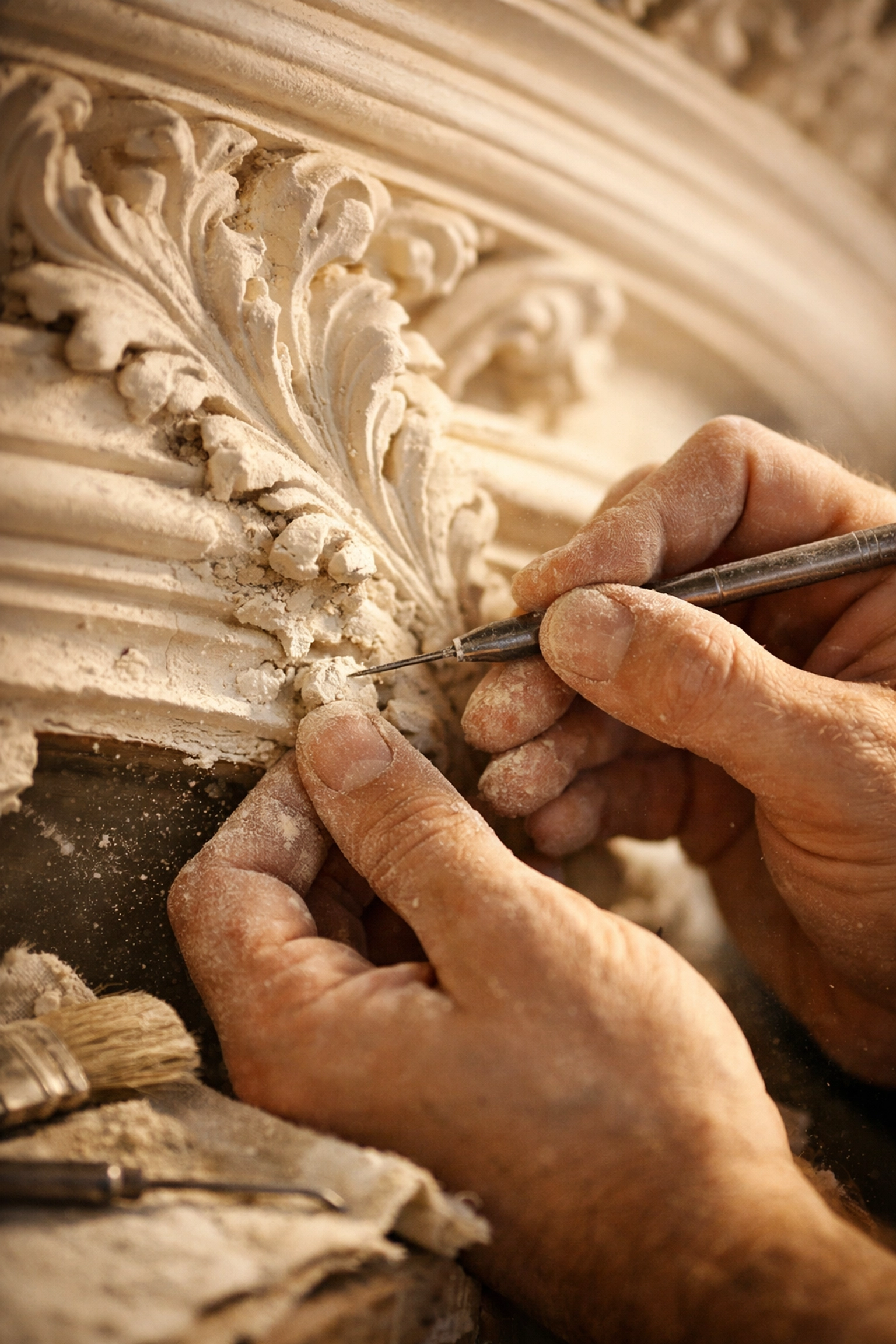 Craftsman restoring ornate Victorian plasterwork ceiling in Chelsea period property