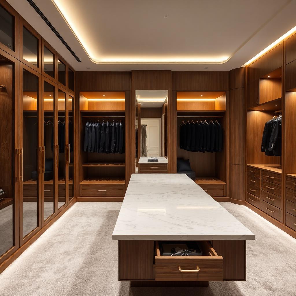 Walk-in dressing room with bespoke walnut joinery adjoining the loft suite — L-Shaped Dormer Loft Conversion, Hampstead NW3