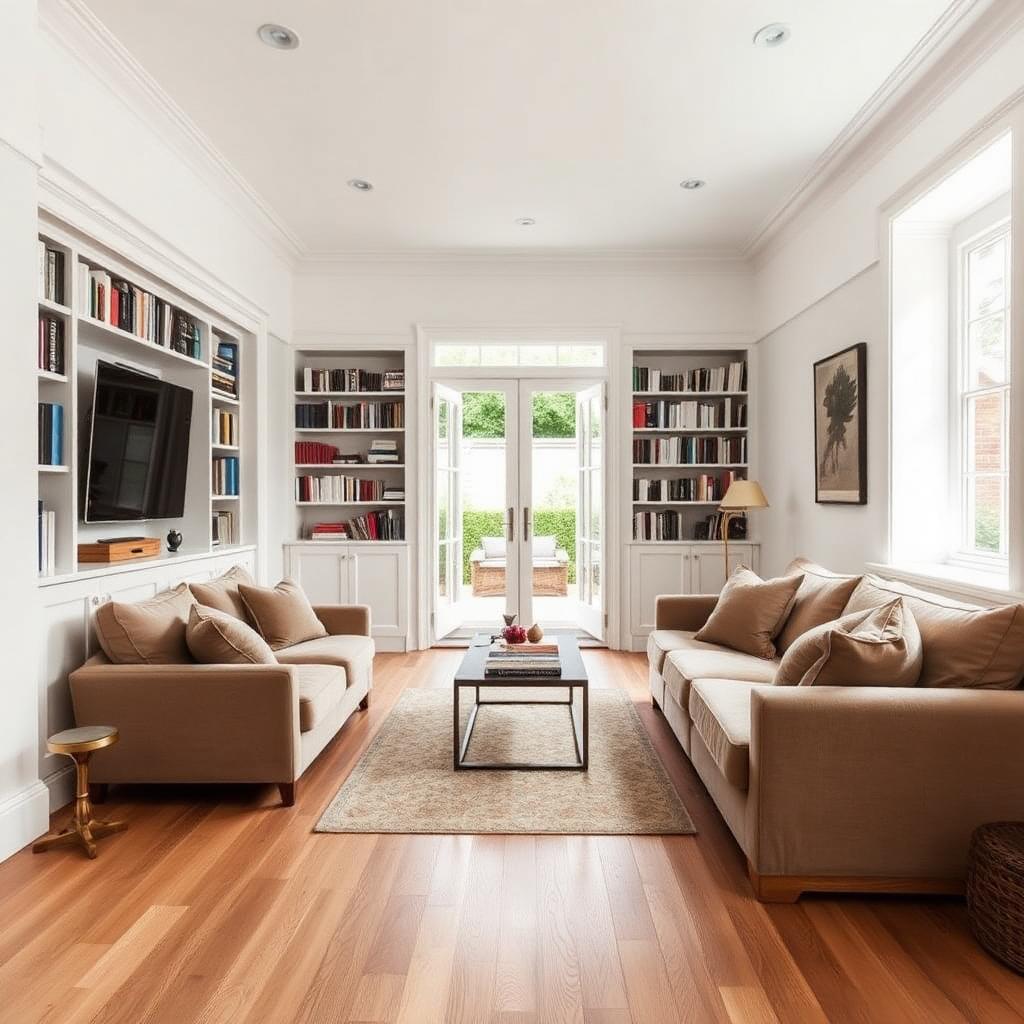 Waterproofed lower-ground family room with built-in bookshelves and garden view — Edwardian Family Home Restoration, Kensington W14