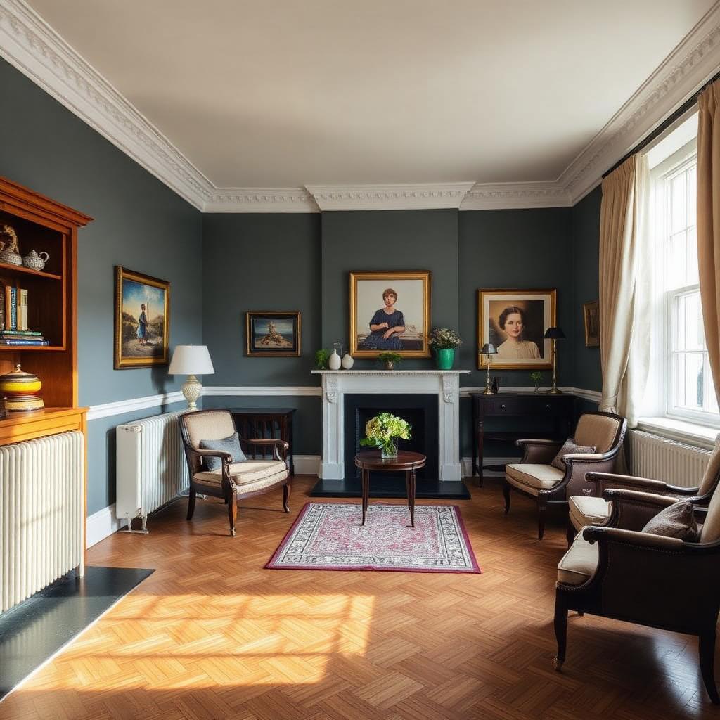 Restored reception room with hand-restored oak parquet floor — Edwardian Family Home Restoration, Kensington W14