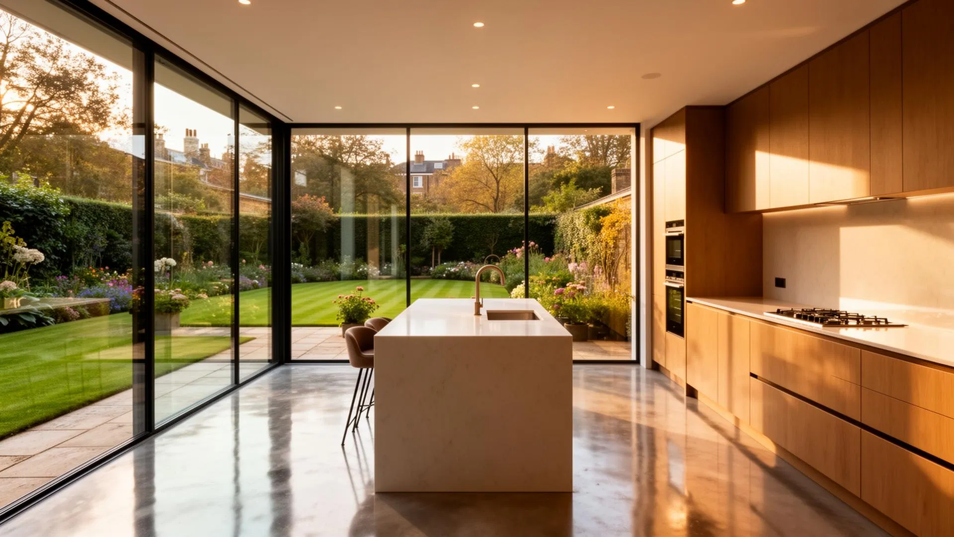Contemporary luxury kitchen with stone island and garden views