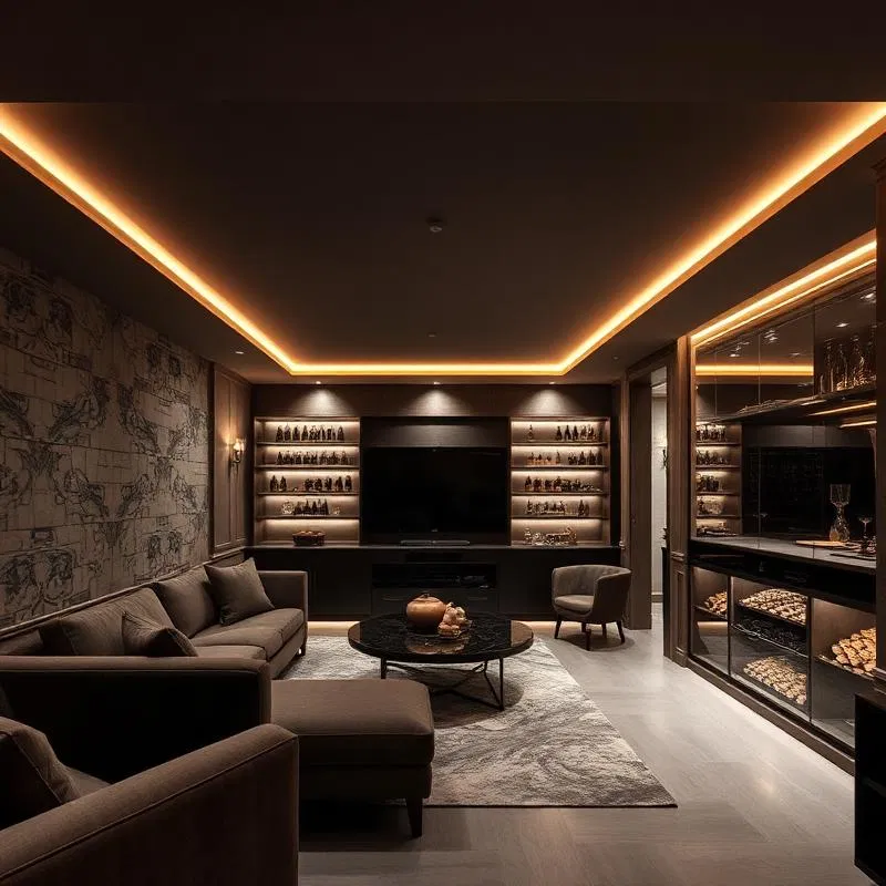 High-end living area with bespoke media wall and marble coffee table