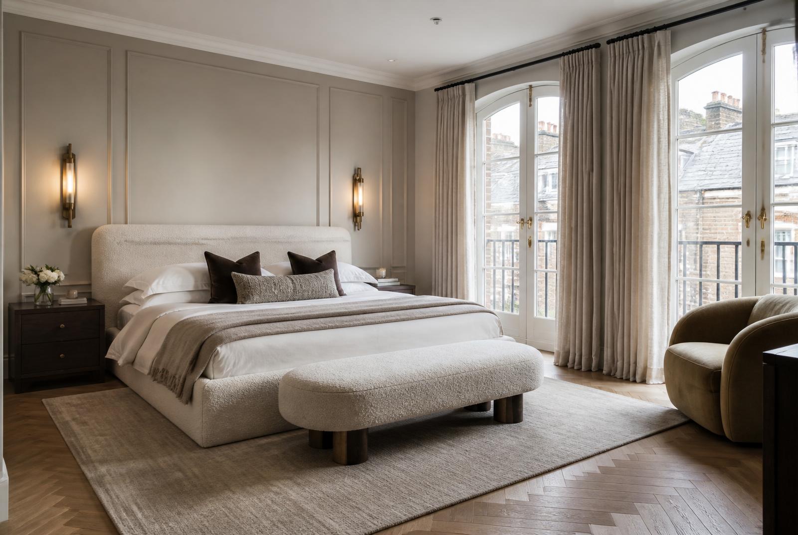 Principal bedroom with boucle-upholstered bed and brushed bronze wall lights — Edwardian Family Home Renovation, Fulham SW6