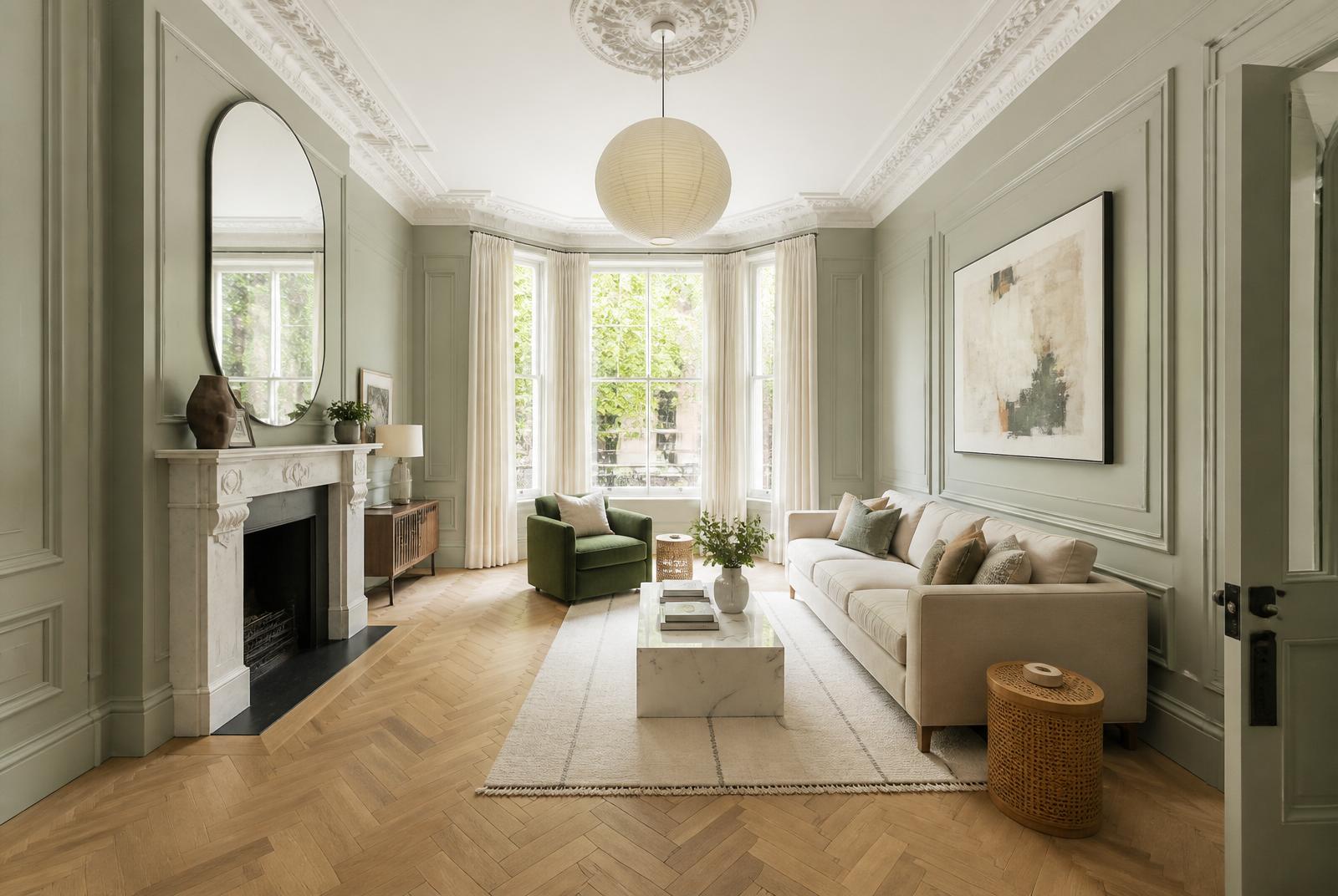 Panelled Edwardian reception room in soft sage with herringbone parquet and marble fireplace — Edwardian Family Home Renovation, Fulham SW6