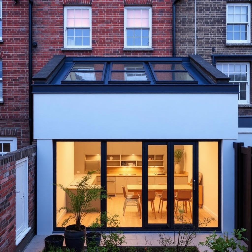 Side-return extension exterior with rooflights at dusk — Side-Return Kitchen Extension, Holland Park W11