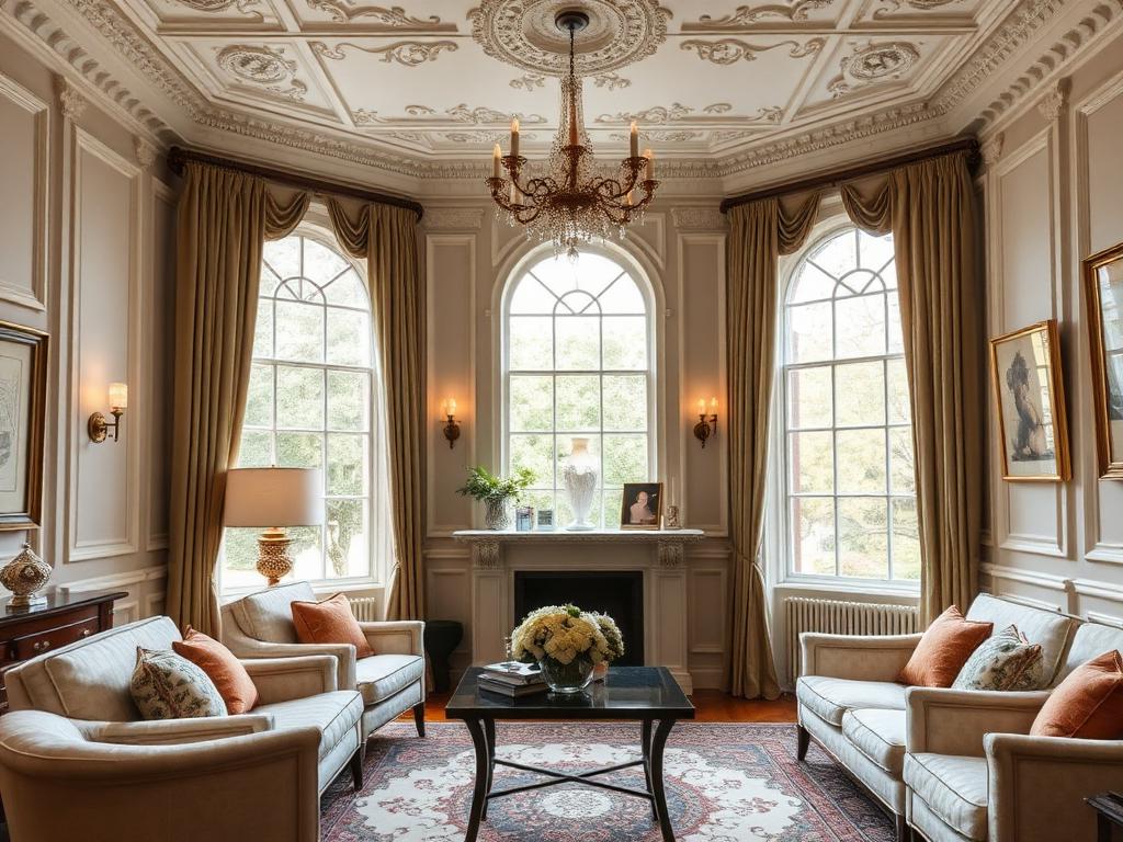 Restored Victorian drawing room in Kensington townhouse with original plasterwork cornicing and bespoke joinery