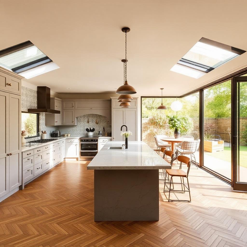 Open-plan Victorian kitchen extension interior with marble island and rooflights — Victorian House Rear Extension, Kensington W8