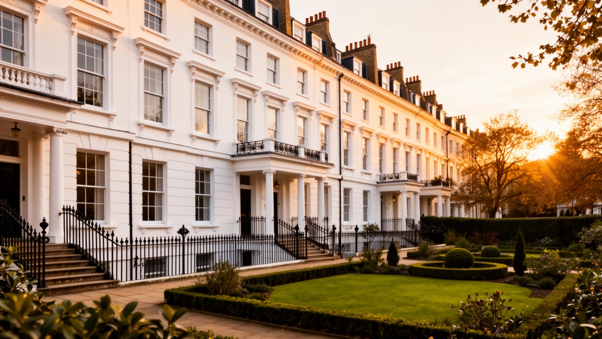 Grand stucco-fronted Victorian townhouse in Kensington W8 with original sash windows and iron railings at golden hour