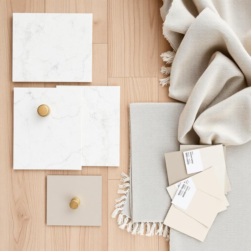 Materials palette of limestone, oak, brushed brass and linen — Whole-House Renovation & Reconfiguration, Knightsbridge SW7