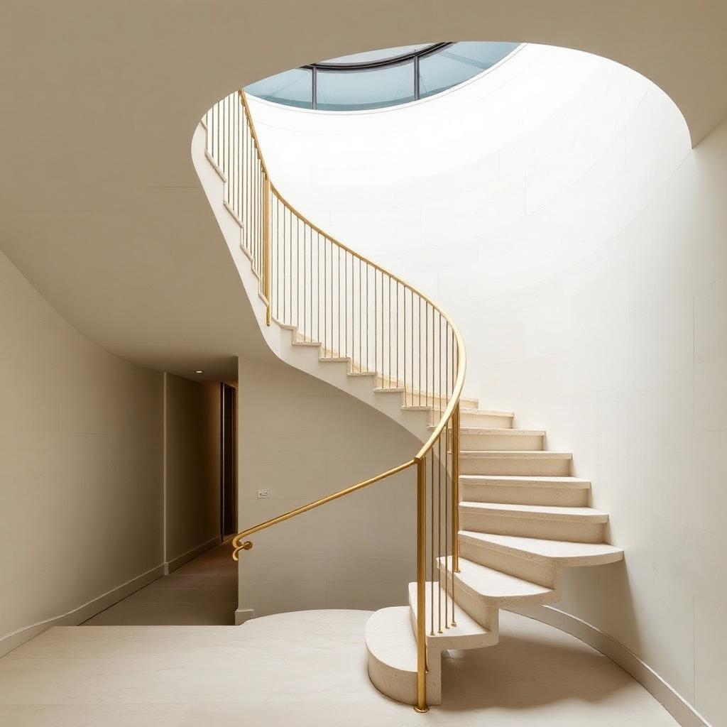 Cantilevered stone staircase with brass balustrade beneath a top-lit atrium — Whole-House Renovation & Reconfiguration, Knightsbridge SW7