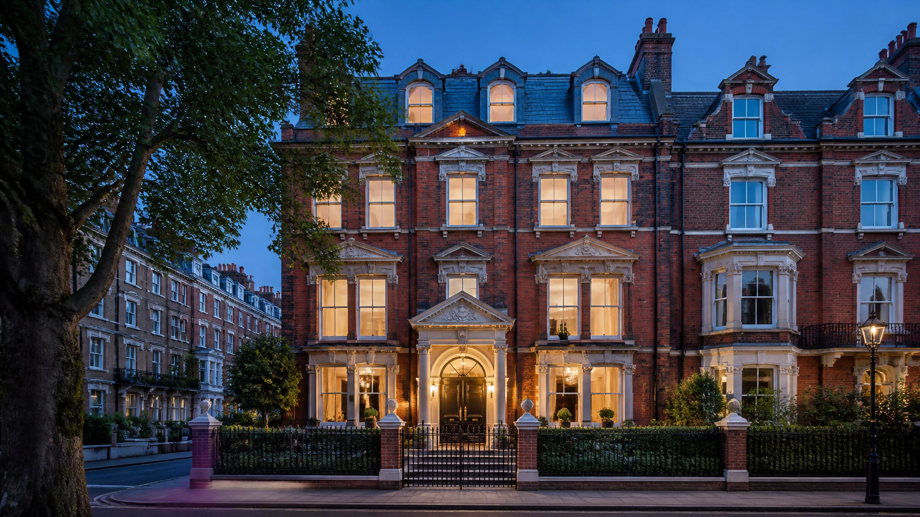 High-end architectural photography of a Grade II listed Victorian townhouse in Kensington at dusk