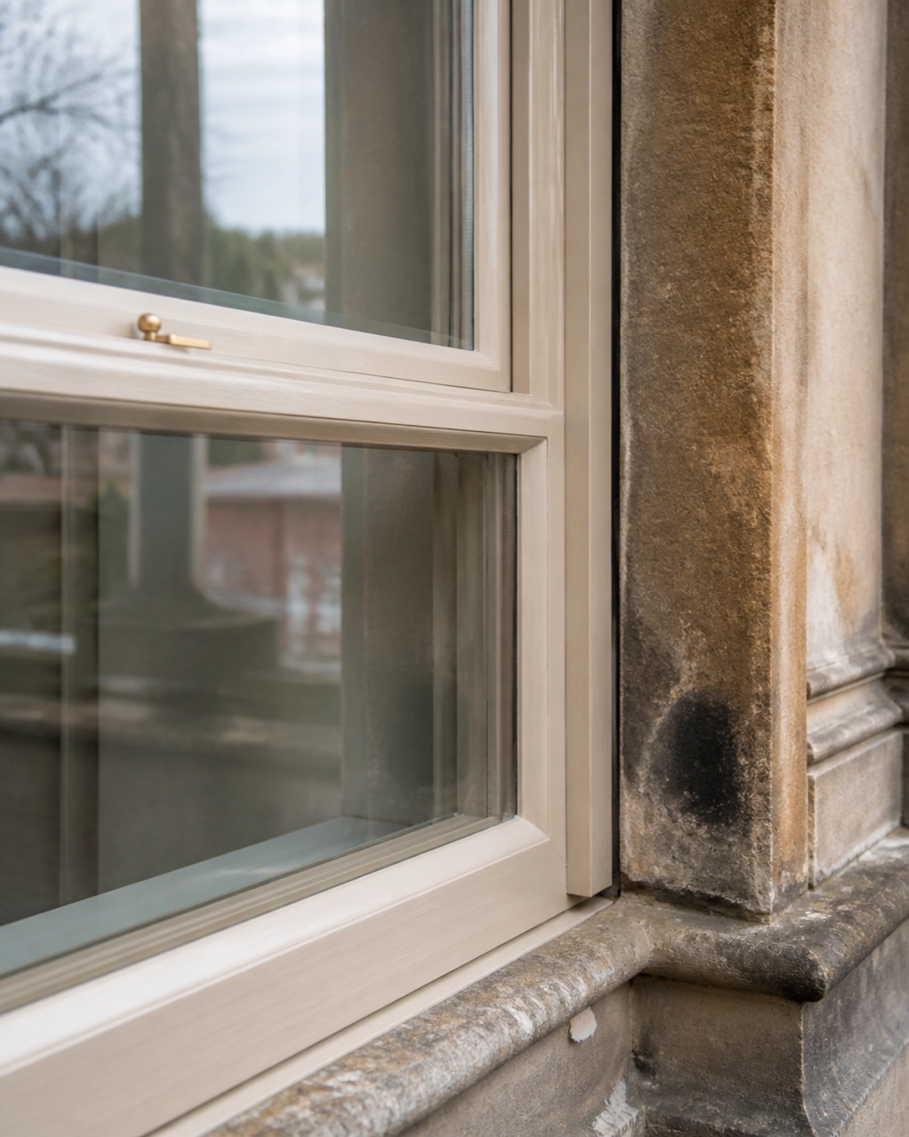 Close-up architectural shot of a high-end secondary glazing installation on a period sash window