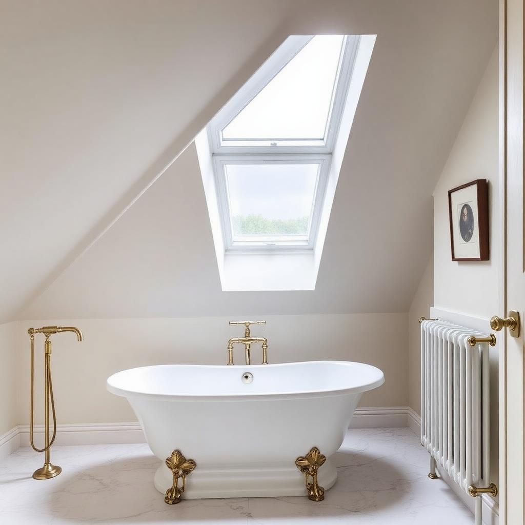 Loft en-suite bathroom under vaulted ceiling with Velux rooflight and freestanding bath — L-Shaped Dormer Loft Conversion, Hampstead NW3
