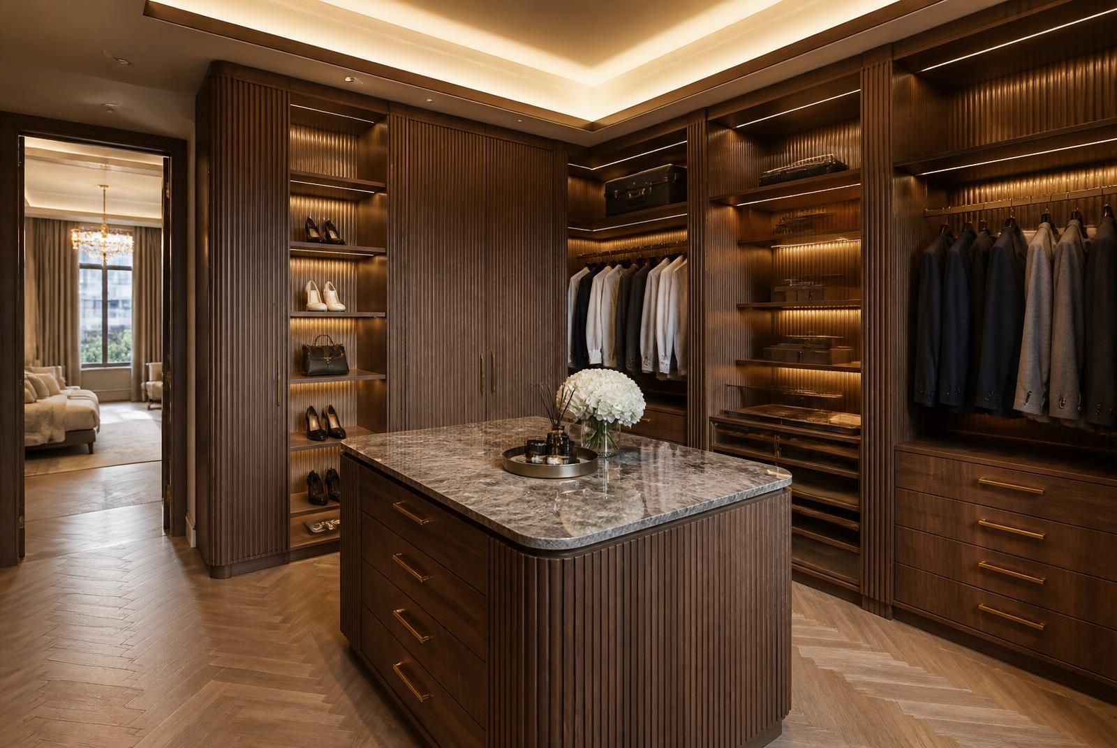 Bespoke walnut dressing room with marble-topped island and integrated lighting — Principal Dressing Suite & Bathroom, Marylebone W1