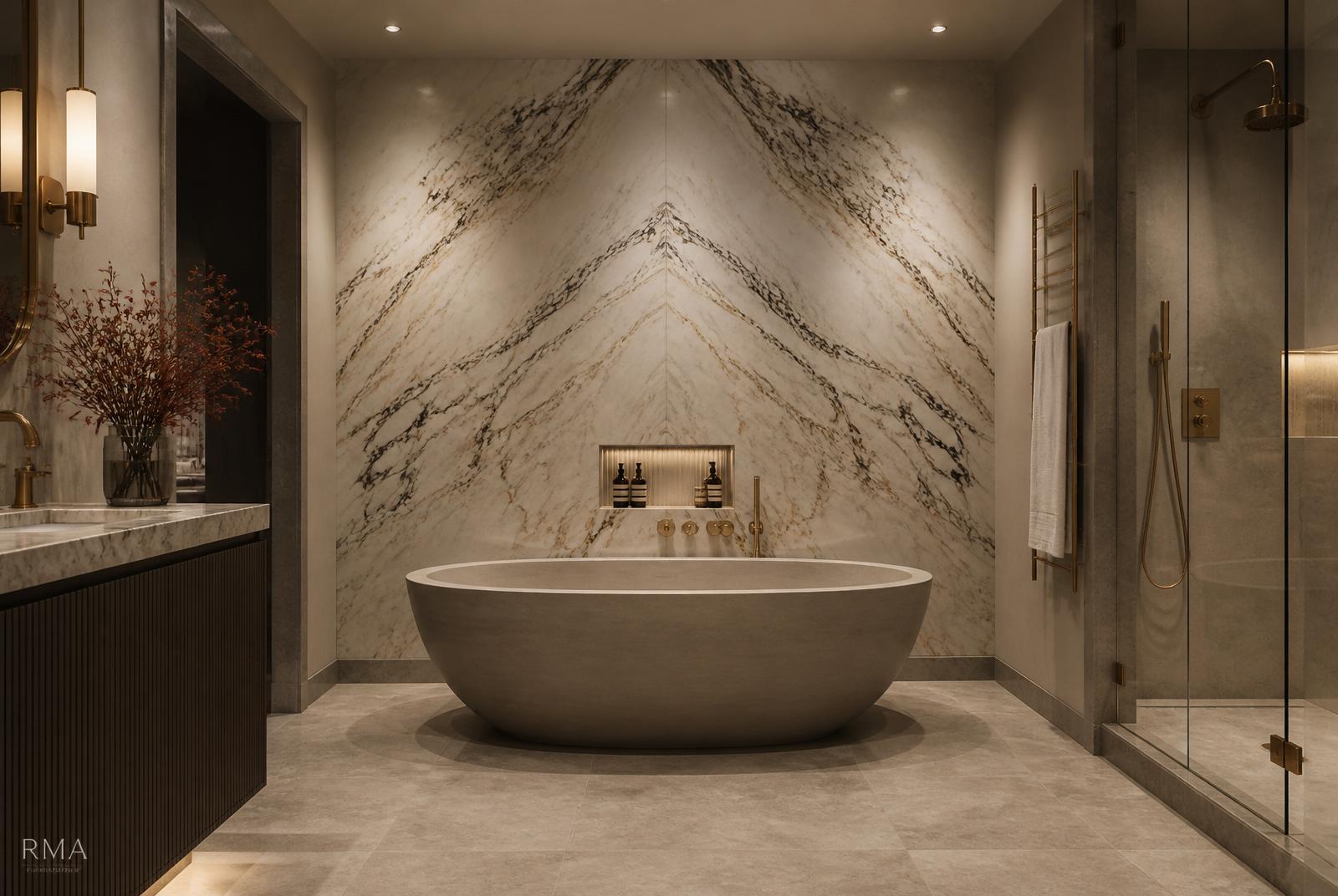 Book-matched Arabescato marble bathroom with freestanding stone bath — Principal Dressing Suite & Bathroom, Marylebone W1