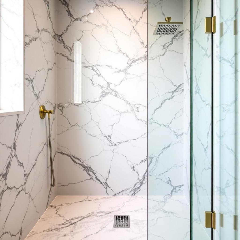 Walk-in wet room with book-matched marble and linear channel drain — Principal Bathroom & Dressing Suite, Mayfair W1K