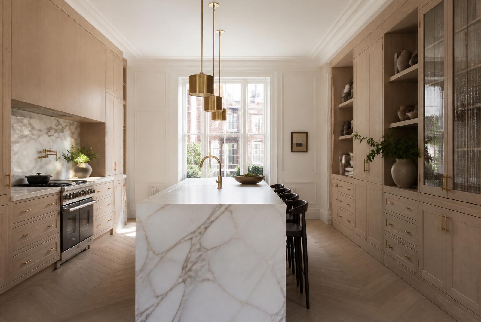 Book-matched marble island with brushed brass pendants in an oak kitchen — Side-Return Kitchen Extension, Primrose Hill NW1