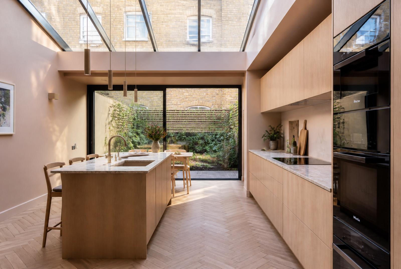 Side-return kitchen extension with structural glass roof and herringbone parquet — Side-Return Kitchen Extension, Primrose Hill NW1