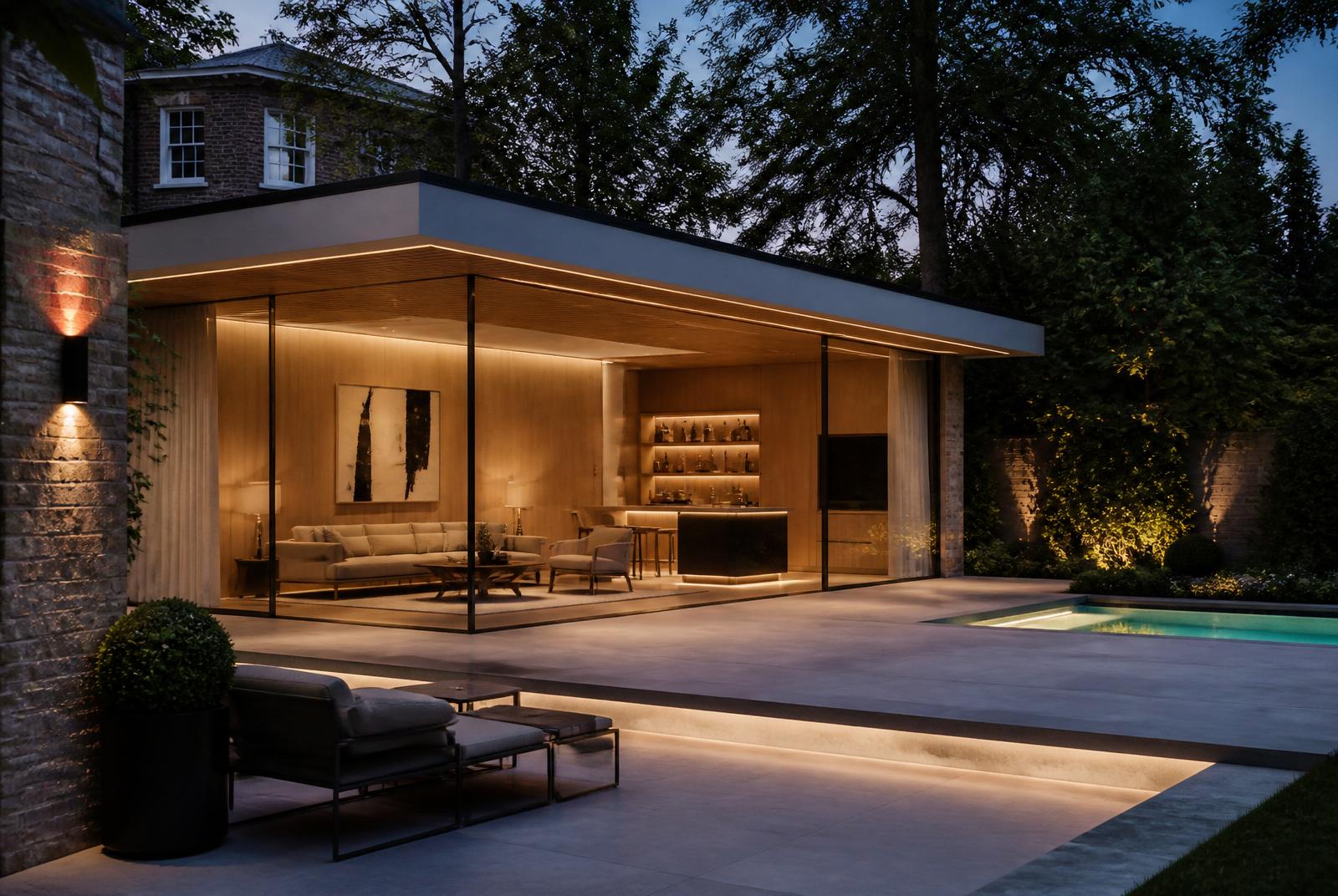 Frameless-glass garden room lit at dusk beside a plunge pool — Contemporary Garden Room & Pool House, St John's Wood NW8