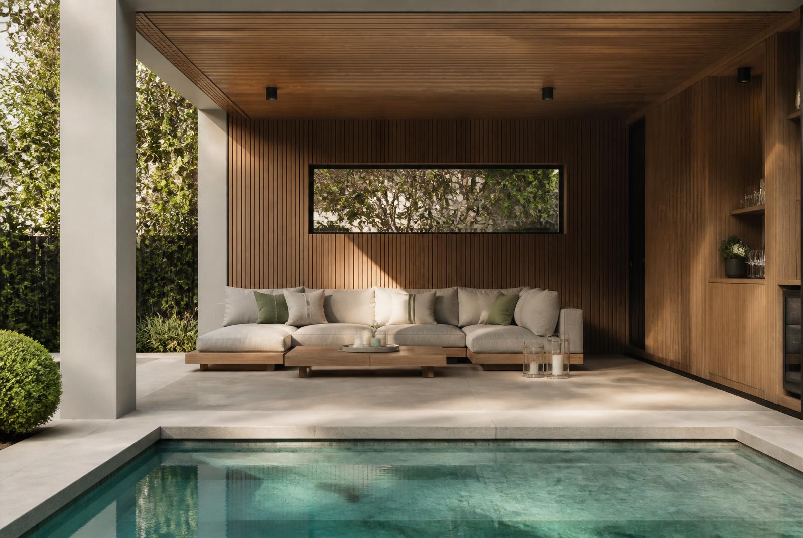 Timber-clad pool cabana with tiled plunge pool — Contemporary Garden Room & Pool House, St John's Wood NW8